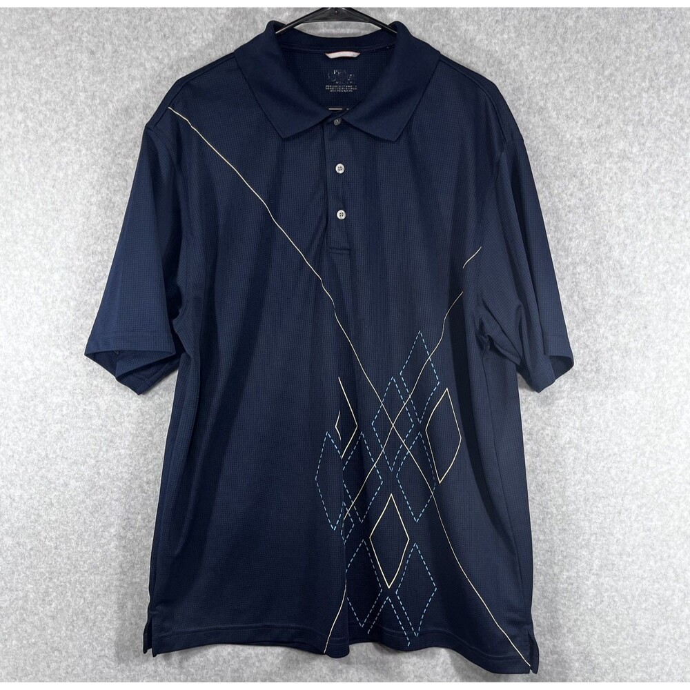 PGA Tour Polo Shirt Mens 2XL Navy Blue Tech Zone Performance Golf Diamond‎ Print
